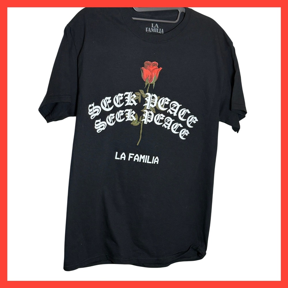 La Familia Seek Peace Rose Graphic Tee Black Mens Medium Streetwear Cotton Shirt